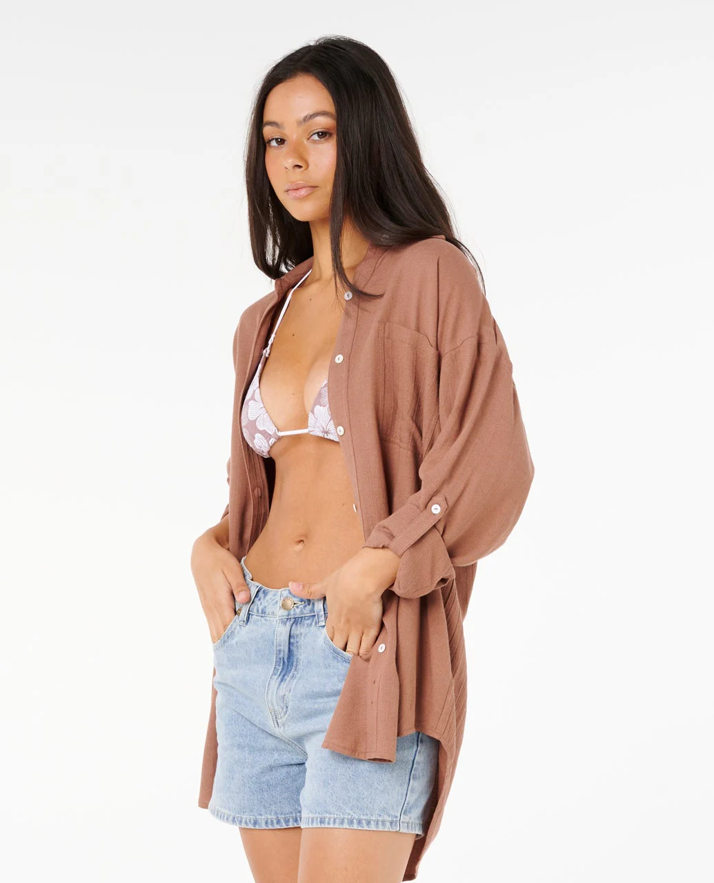 This is an image of rip curl womens premium linen long sleeve button through shirt