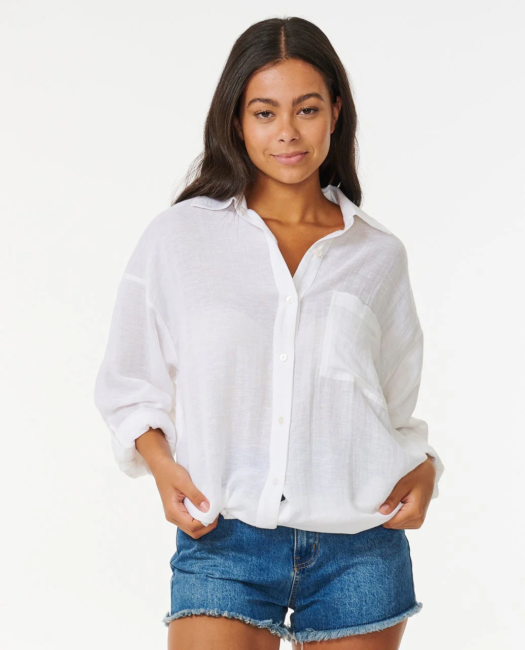 This is an image of rip curl womens premium linen long sleeve button through shirt