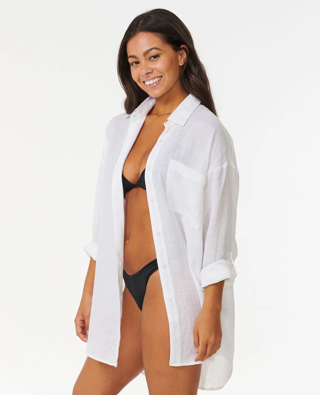 This is an image of rip curl womens premium linen long sleeve button through shirt