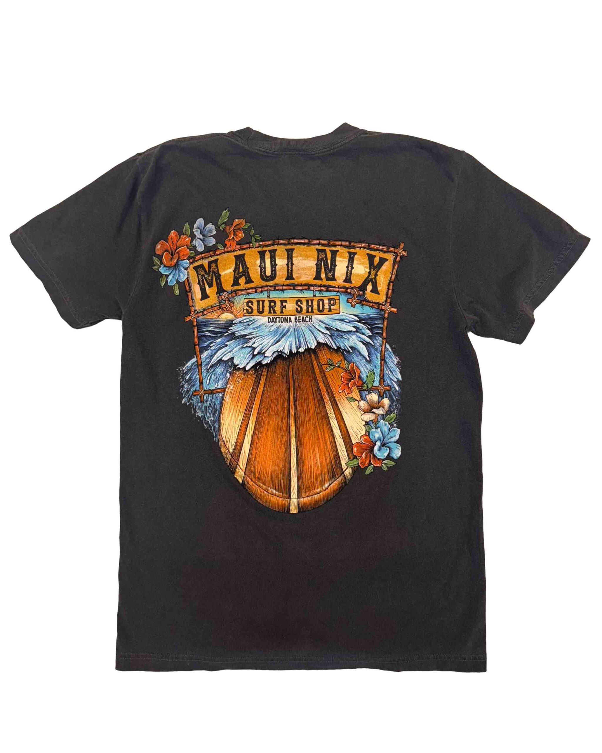 This is an image of Maui Nix Hibiscus & Surfboard tee